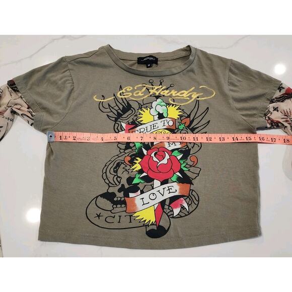 Ed Hardy Women True To My Love Cropped T Shirt With Mesh Tattoo Sleeves Medium - Picture 3 of 6